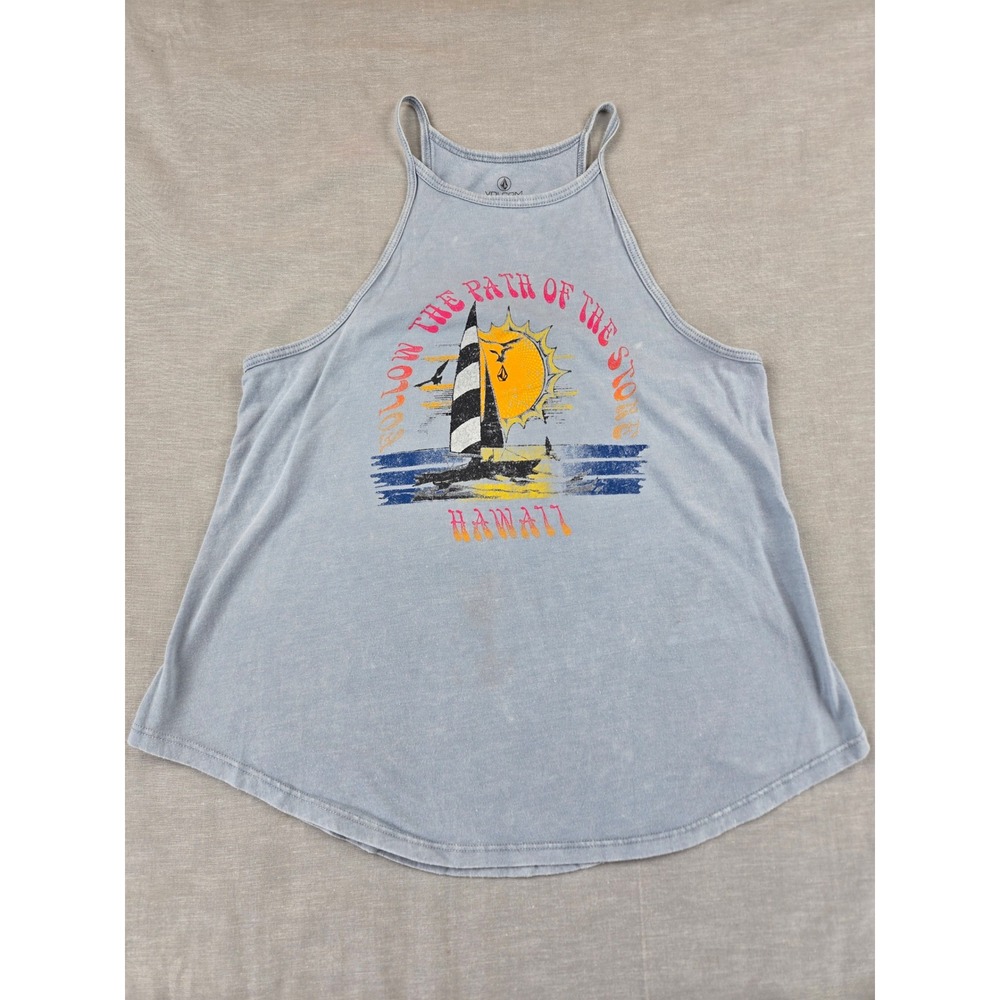 Volcom Hawaii Graphic Tank Top Womens XS Blue High Neck Follow the Path B35419H1